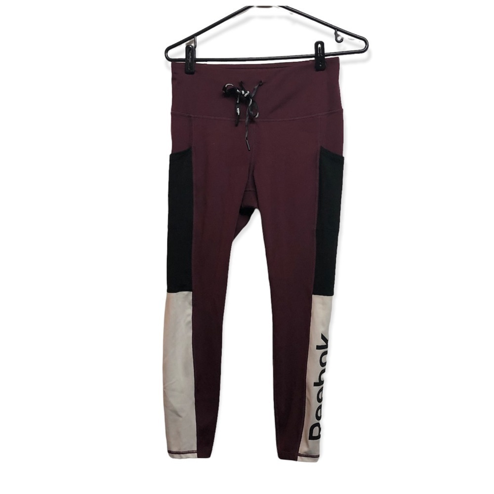 Reebok Women’s Legging Colorblock Burgundy Black White Drawstring Size M